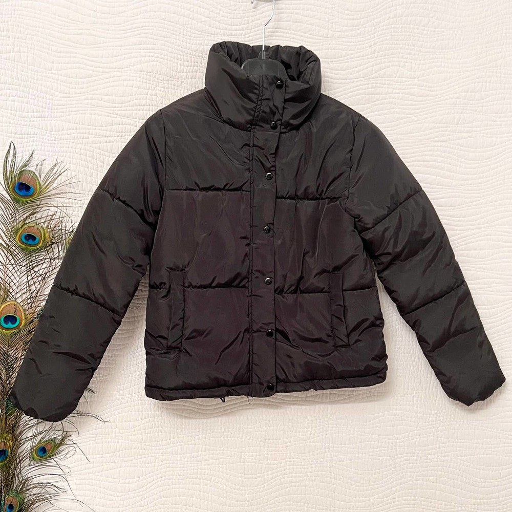 H&M Puffer Winter Coat Girls sz 14 XL Black Pockets Snow Cropped Jacket No Hood